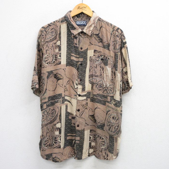 XL★古着 半袖 シャツ メンズ 90年代 90s 総柄 大きいサイズ 茶他 ブラウン 【spe】 25jul24 中古 トップス