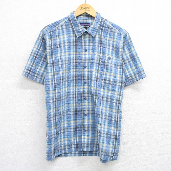 L★古着 パタゴニア patagonia 半袖 シャツ メンズ シアサッカー 薄紺他 ネイビー チェック 【spe】 25jul24 中古 トップス