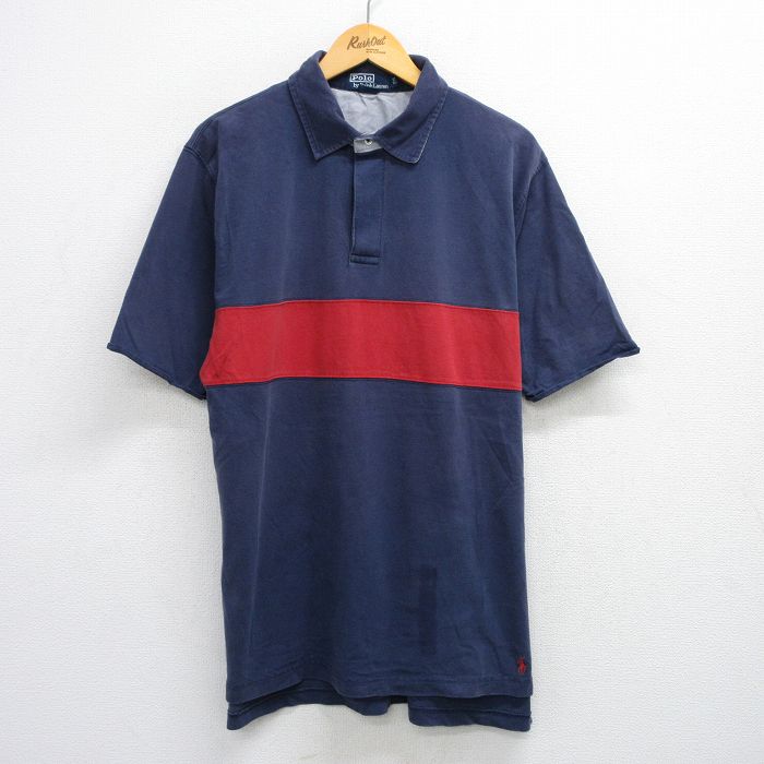 【20%OFF】L★古着 ラルフローレン Ralph Lauren 半袖 ブランド ラガー シャツ メンズ 90年代 90s 裾ロゴ 紺他 ネイビー 25jul24 中古 トップス