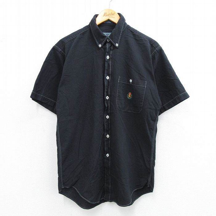 【50%OFF】M★古着 ラルフローレン Ralph Lauren チャップス 半袖 ブランド シャツ メンズ 80年代 80s ワンポイントロゴ コットン ボタンダウン 黒 ブラック ストライプ 25jul26 中古 トップス