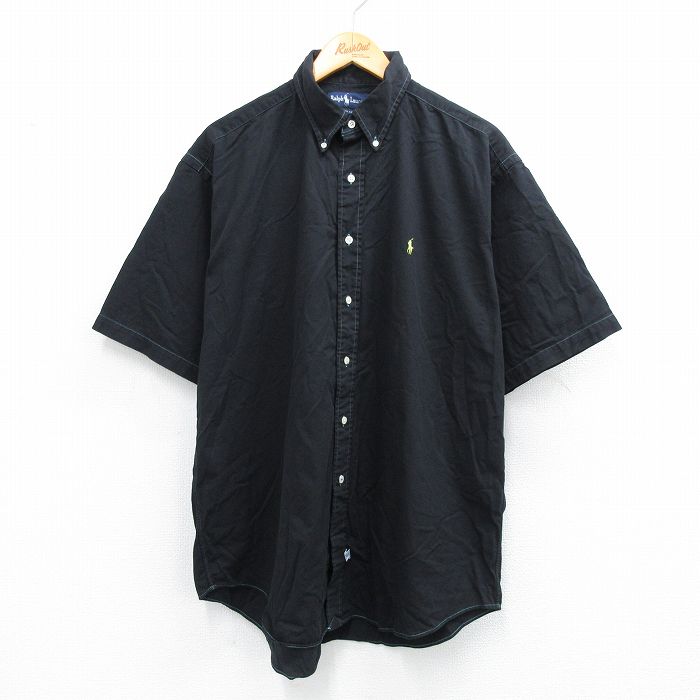 XL★古着 ラルフローレン Ralph Lauren 半袖 ブランド シャツ メンズ 90年代 90s ワンポイントロゴ 大きいサイズ コットン ボタンダウン 黒 ブラック 25jul26 中古 トップス