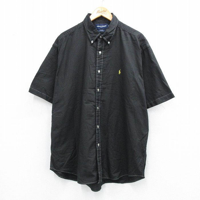 XL★古着 ラルフローレン Ralph Lauren ゴルフ 半袖 ブランド シャツ メンズ 90年代 90s TILDEN 大きいサイズ ロング丈 コットン ボタンダウン 黒 ブラック 25jul26 中古 トップス