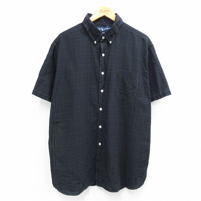 【20%OFF】XL★古着 ラルフローレン Ralph Lauren 半袖 ブランド シャツ メンズ 90年代 90s ワンポイントロゴ HERITAGE 大きいサイズ コットン ボタンダウン 黒他 ブラック チェック 25jul26 中古 トップス