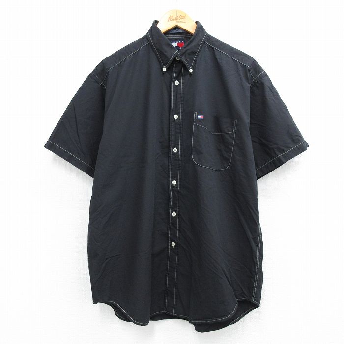 【50%OFF】XL★古着 トミーヒルフィガー TOMMY HILFIGER 半袖 ブランド シャツ メンズ 90年代 90s ワンポイントロゴ コットン ボタンダウン 黒 ブラック 25jul26 中古 トップス