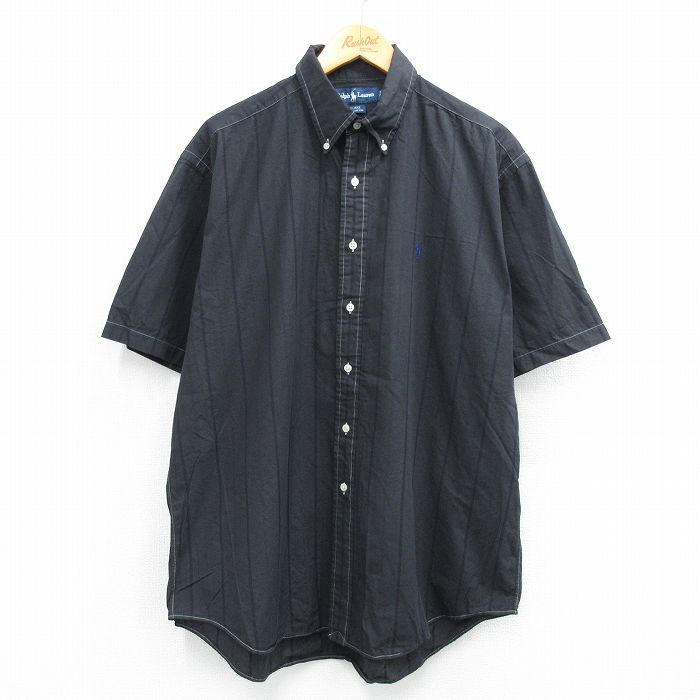 XL★古着 ラルフローレン Ralph Lauren 半袖 ブランド シャツ メンズ 90年代 90s ワンポイントロゴ BLAKE 大きいサイズ コットン ボタンダウン 黒他 ブラック ストライプ 25jul26 中古 トップス