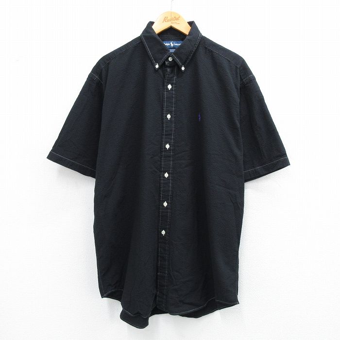 【50%OFF】XL★古着 ラルフローレン Ralph Lauren 半袖 ブランド シャツ メンズ 90年代 90s ワンポイントロゴ BLAKE シアサッカー 大きいサイズ ロング丈 コットン ボタンダウン 黒 ブラック 【spe】 25jul26 中古 トップス