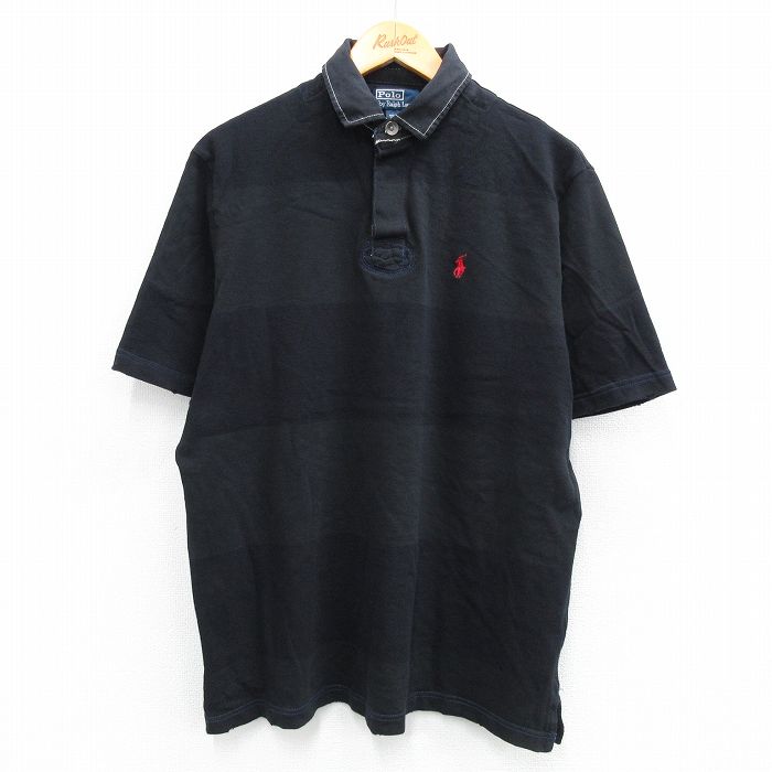L★古着 ラルフローレン Ralph Lauren 半袖 ブランド ラガー シャツ メンズ 90年代 90s ワンポイントロゴ コットン 黒他 ブラック ボーダー 25jul26 中古 トップス