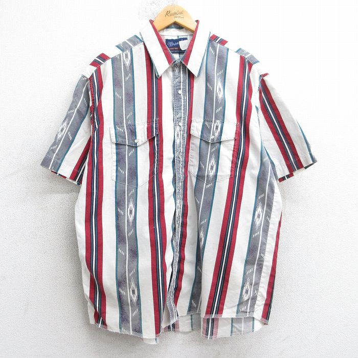 XL★古着 ラングラー Wrangler 半袖 ウエスタン シャツ メンズ 90年代 90s ネイティブ柄 ラグ柄 コットン 白他 ホワイト ストライプ 25jul30 中古 トップス