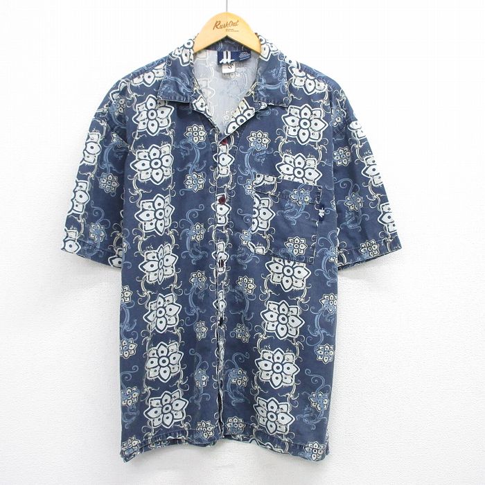 XL★古着 NO FEAR 半袖 シャツ メンズ 90年代 90s 花 総柄 コットン 開襟 オープンカラー USA製 紺他 ネイビー 25jul30 中古 トップス
