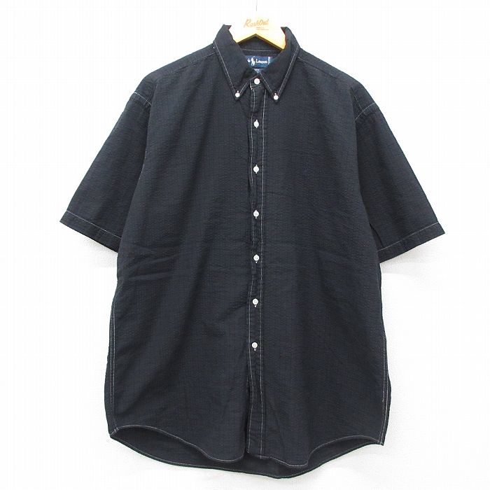 XL★古着 ラルフローレン Ralph Lauren 半袖 ブランド シャツ メンズ 90年代 90s ワンポイントロゴ BLAIRE シアサッカー 大きいサイズ ロング丈 コットン ボタンダウン 黒他 ブラック ストライプ 【spe】 25jul31 中古 トップス