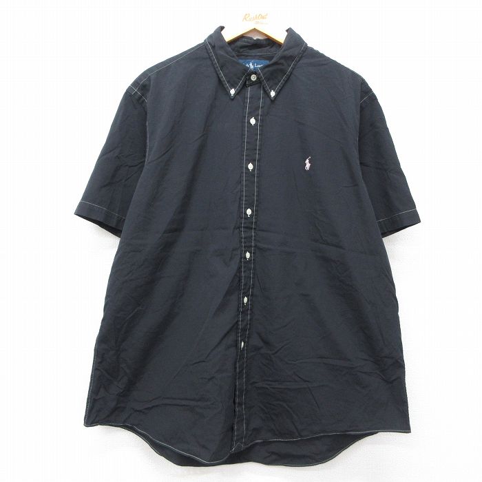 【50%OFF】XL★古着 ラルフローレン Ralph Lauren 半袖 ブランド シャツ メンズ 90年代 90s ワンポイントロゴ 大きいサイズ ロング丈 コットン ボタンダウン 黒 ブラック 25jul31 中古 トップス