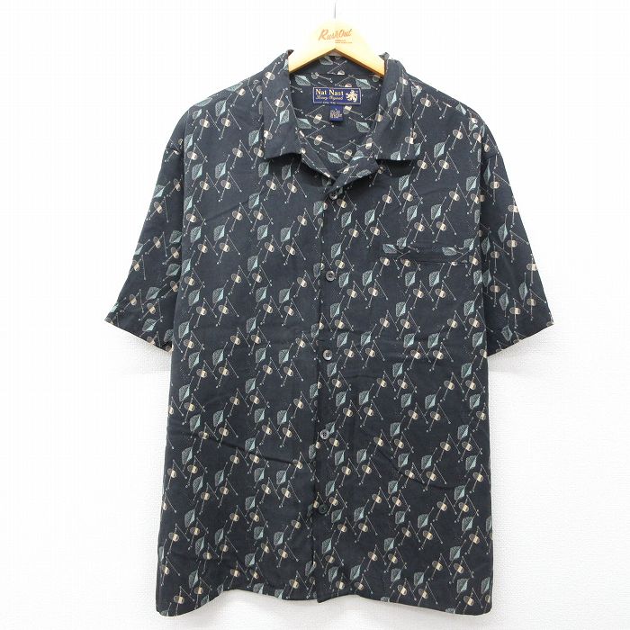 XL★古着 半袖 シャツ メンズ 総柄 シルク 開襟 オープンカラー 黒他 ブラック 25jul31 中古 トップス