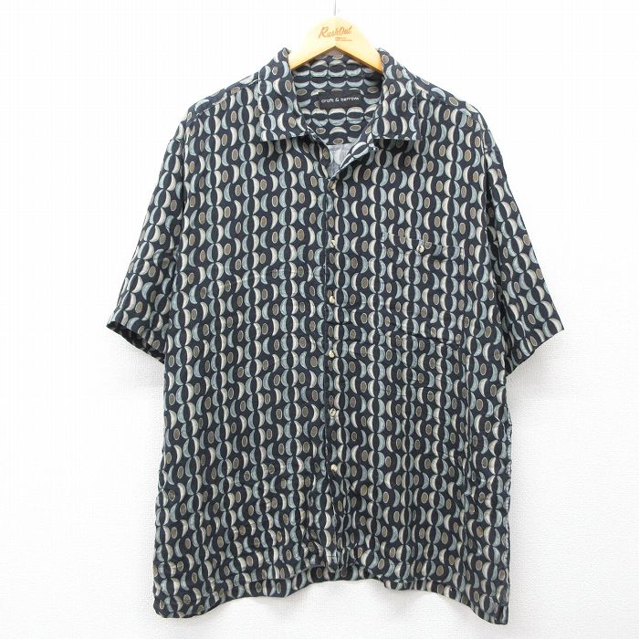XL★古着 半袖 シャツ メンズ 総柄 シルク 開襟 オープンカラー 黒他 ブラック 25jul31 中古 トップス