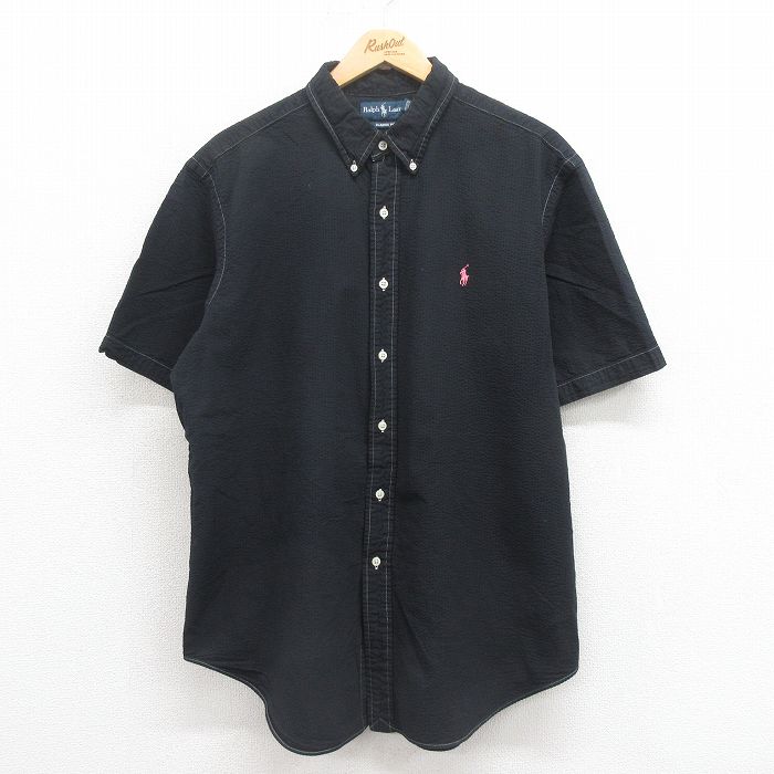 XL★古着 ラルフローレン Ralph Lauren 半袖 ブランド シャツ メンズ 90年代 90s ワンポイントロゴ シアサッカー 大きいサイズ コットン ボタンダウン 黒 ブラック 25aug02 中古 トップス
