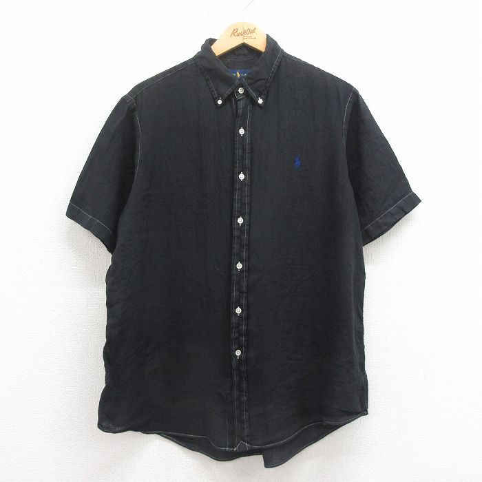 XL★古着 ラルフローレン Ralph Lauren 半袖 ブランド シャツ メンズ ワンポイントロゴ リネン ボタンダウン 黒 ブラック 25aug02 中古 トップス