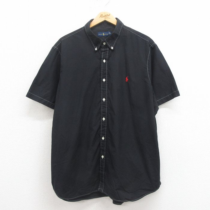XL★古着 ラルフローレン Ralph Lauren 半袖 ブランド シャツ メンズ ワンポイントロゴ 大きいサイズ コットン ボタンダウン 黒 ブラック チェック 25aug02 中古 トップス