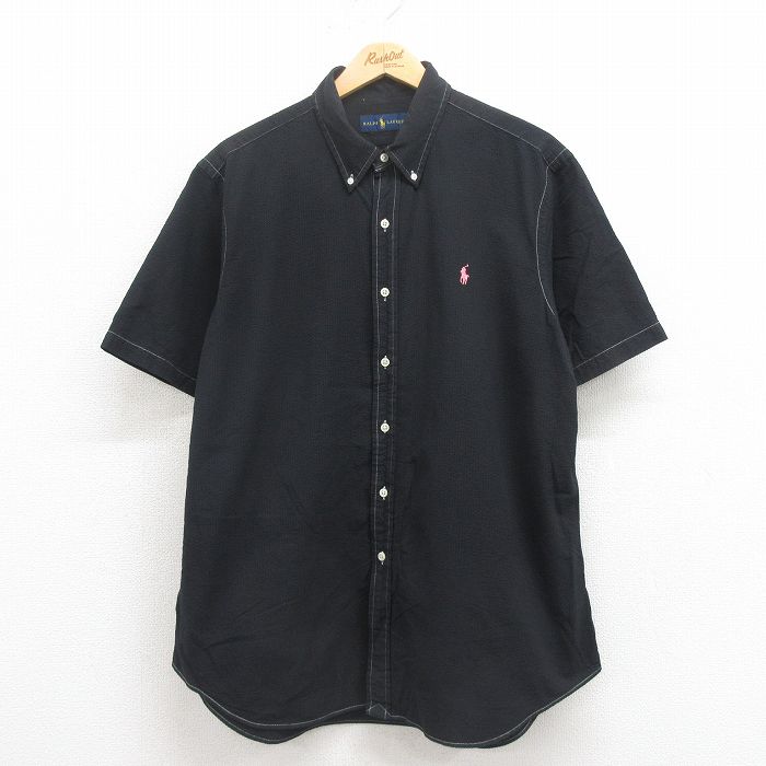 XL★古着 ラルフローレン Ralph Lauren 半袖 ブランド シャツ メンズ ワンポイントロゴ シアサッカー 大きいサイズ コットン ボタンダウン 黒 ブラック 25aug02 中古 トップス