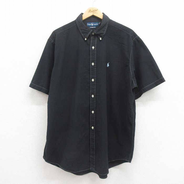 XL★古着 ラルフローレン Ralph Lauren 半袖 ブランド シャツ メンズ 90年代 90s ワンポイントロゴ シアサッカー 大きいサイズ コットン ボタンダウン 黒 ブラック 25aug02 中古 トップス