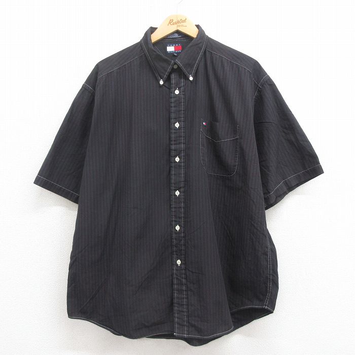 XL★古着 トミーヒルフィガー TOMMY HILFIGER 半袖 ブランド シャツ メンズ 90年代 90s ワンポイントロゴ 大きいサイズ コットン ボタンダウン 黒ストライプ ブラック 25aug02 中古 トップス