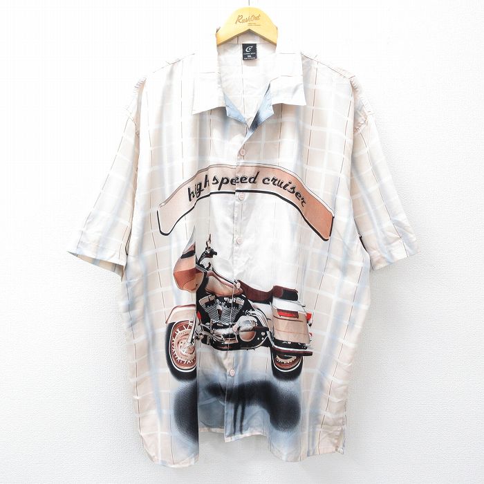 XL★古着 半袖 シャツ メンズ バイク 大きいサイズ 開襟 オープンカラー 薄ベージュ カーキ 【spe】 25aug06 中古 トップス
