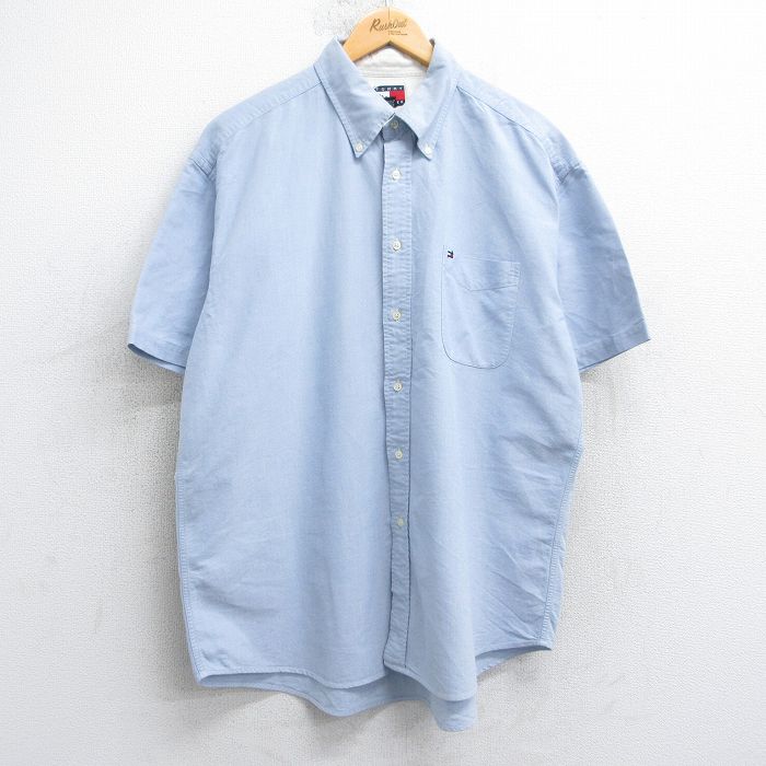 【50%OFF】XL★古着 トミーヒルフィガー TOMMY HILFIGER 半袖 ブランド シャツ メンズ 90年代 90s ワンポイントロゴ オックスフォード 大きいサイズ コットン ボタンダウン 薄紺 ネイビー 25aug06 中古 トップス