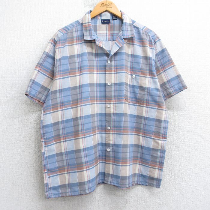 XL★古着 リーバイス Levis 半袖 シャツ メンズ 90年代 90s 開襟 オープンカラー 薄紺他 ネイビー チェック 25aug06 中古 トップス