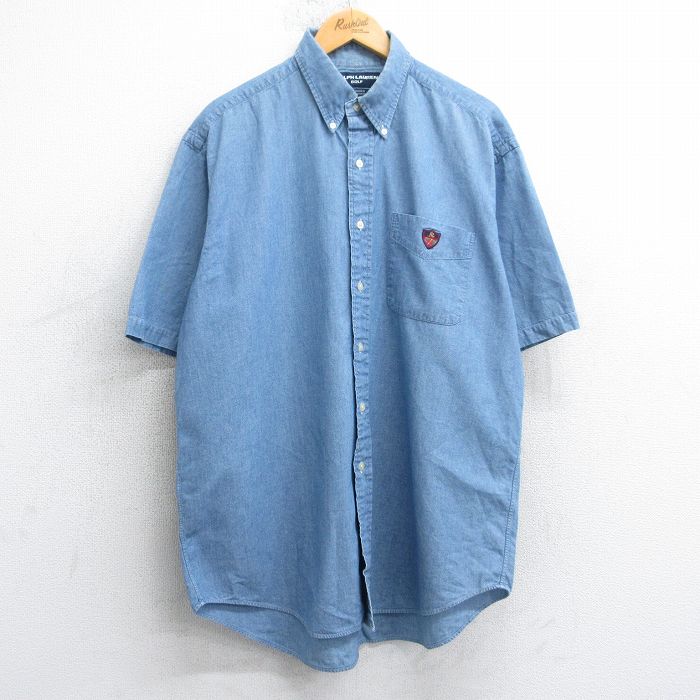 XL★古着 ラルフローレン Ralph Lauren 半袖 ブランド シャツ メンズ 90年代 90s ゴルフ ワンポイントロゴ TILDEN 大きいサイズ コットン ボタンダウン 紺 ネイビー 25aug06 中古 トップス