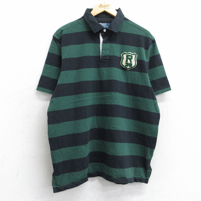 XL★古着 ラルフローレン Ralph Lauren 半袖 ラガー シャツ メンズ 90年代 90s R39 10 コットン 緑他 グリーン ボーダー 【spe】 25aug06 中古 トップス