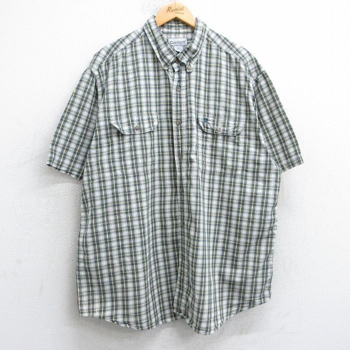 XL★古着 カーハート Carhartt 半袖 シャツ メンズ ワンポイントロゴ 大きいサイズ ロング丈 コットン ボタンダウン 白他 ホワイト チェック 25aug06 中古 トップス