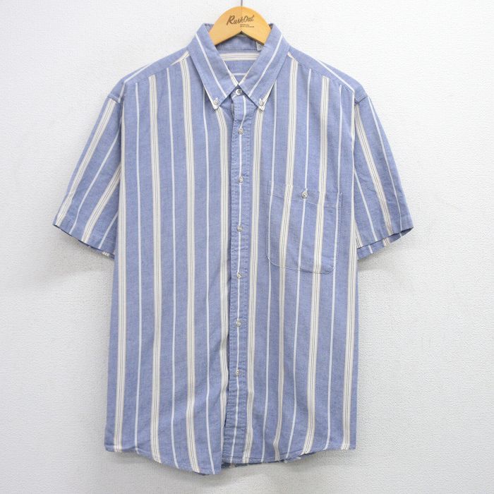 XL★古着 半袖 シャツ メンズ 90年代 90s コットン ボタンダウン USA製 紺他 ネイビー ストライプ 25aug07 中古 トップス