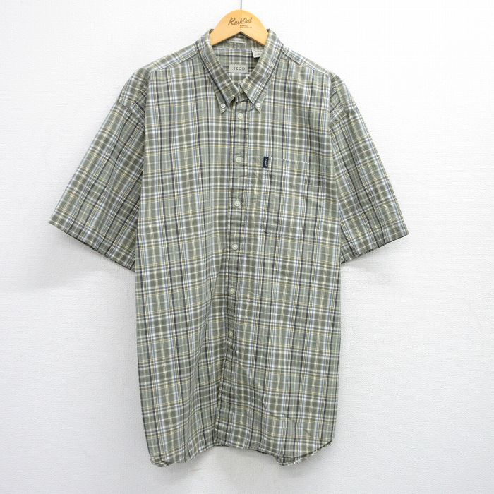 XL★古着 IZOD 半袖 シャツ メンズ 大きいサイズ ロング丈 コットン ボタンダウン 緑他 グリーン チェック 25aug07 中古 トップス