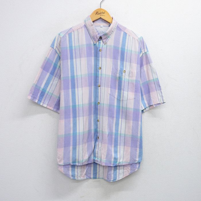 XL★古着 半袖 シャツ メンズ コットン ボタンダウン 紫他 パープル チェック 25aug07 中古 トップス