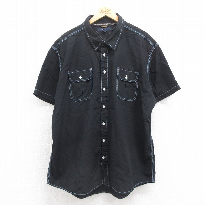 【50%OFF】XL★古着 トミーヒルフィガー TOMMY HILFIGER 半袖 ブランド シャツ メンズ ワンポイントロゴ 大きいサイズ コットン 黒 ブラック 25aug08 中古 トップス