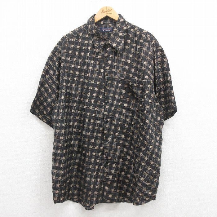 【50%OFF】XL★古着 半袖 シャツ メンズ 総柄 ロング丈 シルク 黒 ブラック 25aug08 中古 トップス