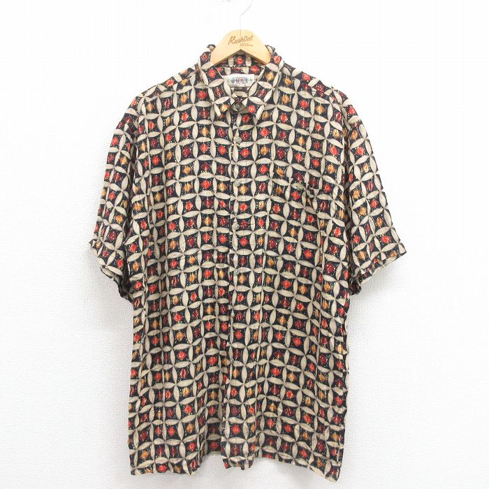 【50%OFF】XL★古着 CAMPIA 半袖 シャツ メンズ 00年代 00s 総柄 レーヨン 黒 ブラック 25aug08 中古 トップス