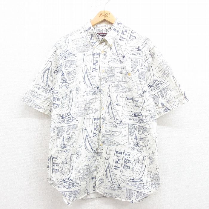 L★古着 半袖 シャツ メンズ 00年代 00s 船 総柄 ロング丈 コットン ボタンダウン 白 ホワイト 25aug08 中古 トップス