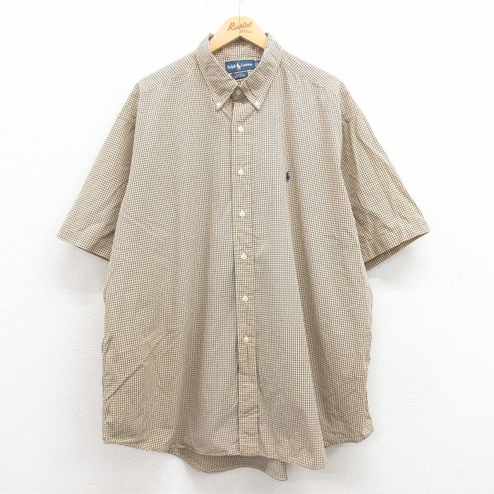 【50%OFF】XL★古着 ラルフローレン Ralph Lauren 半袖 ブランド シャツ メンズ 90年代 90s ワンポイントロゴ BLAKE 大きいサイズ ロング丈 コットン ボタンダウン 黄 イエロー チェック 【spe】 25aug08 中古 トップス