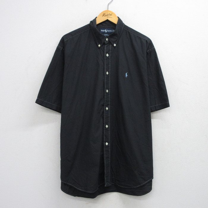 【50%OFF】XL★古着 ラルフローレン Ralph Lauren 半袖 ブランド シャツ メンズ 90年代 90s ワンポイントロゴ BLAKE 大きいサイズ ロング丈 コットン ボタンダウン 黒 ブラック 【spe】 25aug09 中古 トップス
