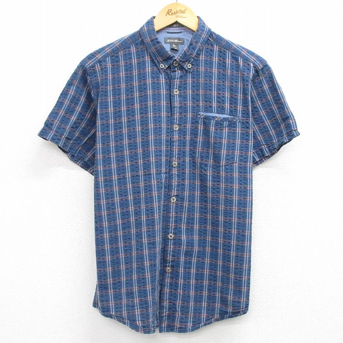 L★古着 エディーバウアー 半袖 シャツ メンズ シアサッカー コットン ボタンダウン 紺他 ネイビー チェック 25aug09 中古 トップス