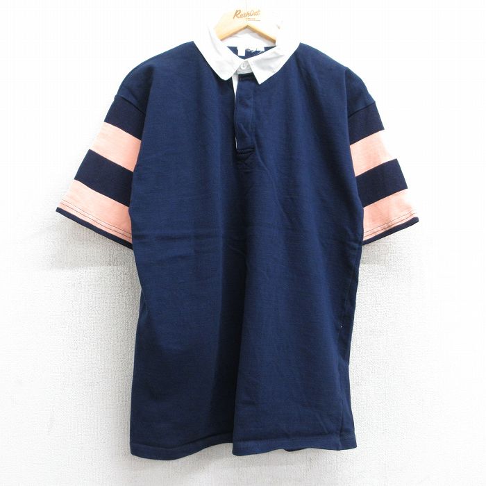 M★古着 半袖 ラガー シャツ メンズ 90年代 90s USA製 紺 ネイビー 25aug13 中古 トップス