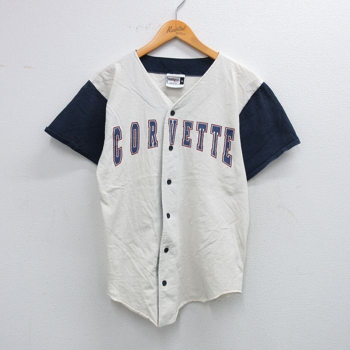 S★古着 半袖 ベースボール シャツ メンズ 90年代 90s シボレー コルベット コットン ボタンダウン 生成り 25aug19 中古 トップス