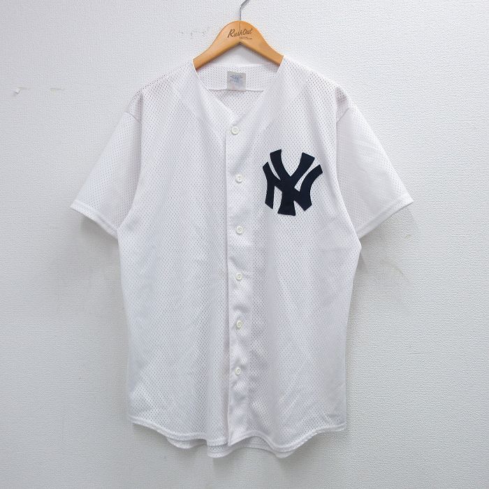 XL★古着 マジェスティック 半袖 ベースボール シャツ メンズ 80年代 80s MLB ニューヨークヤンキース メッシュ地 USA製 白 ホワイト メジャーリーグ 野球 25aug19 中古 トップス
