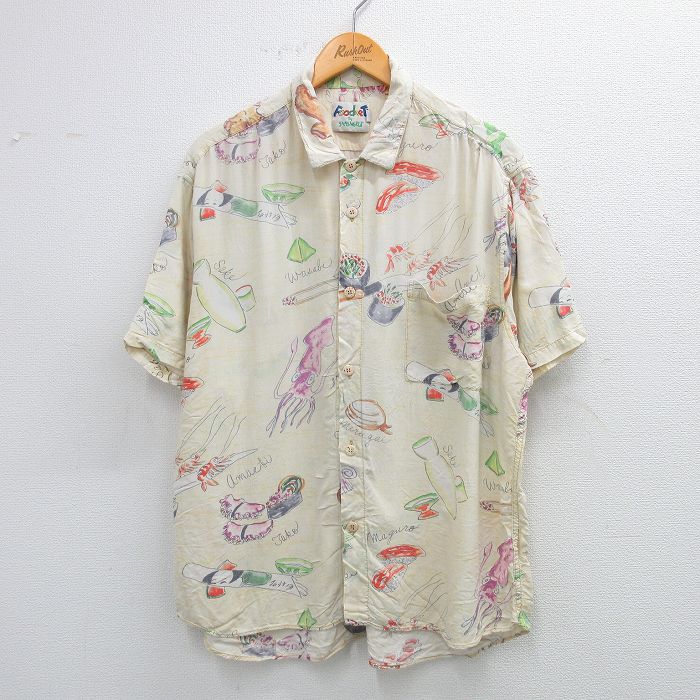 XL★古着 ジャムズワールド 半袖 シャツ メンズ 90年代 90s 貝殻 イカ 寿司 大きいサイズ 薄黄他 イエロー 【spe】 25aug19 中古 トップス
