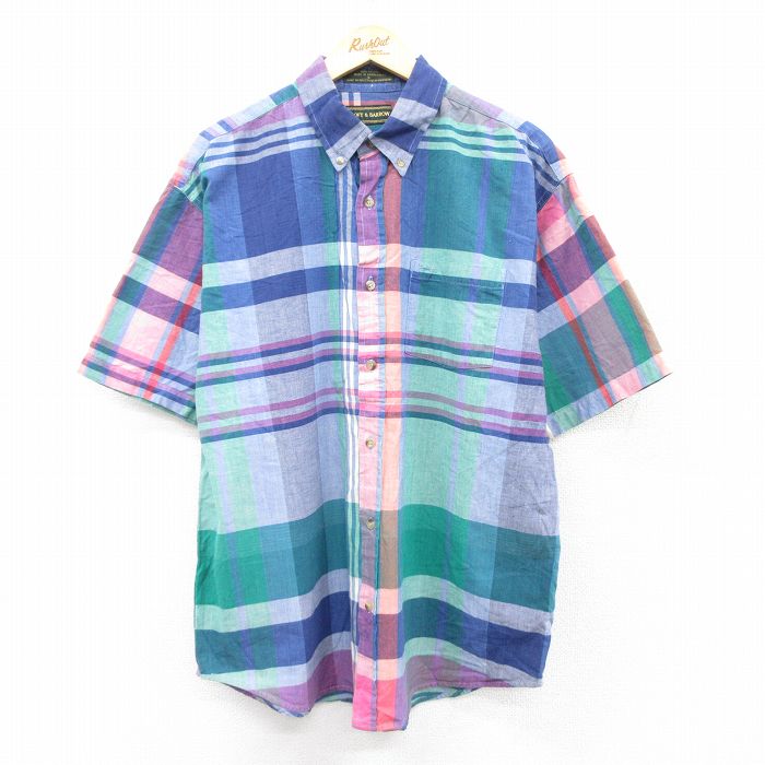 XL★古着 半袖 シャツ メンズ コットン ボタンダウン 薄紺他 ネイビー チェック 25aug21 中古 トップス