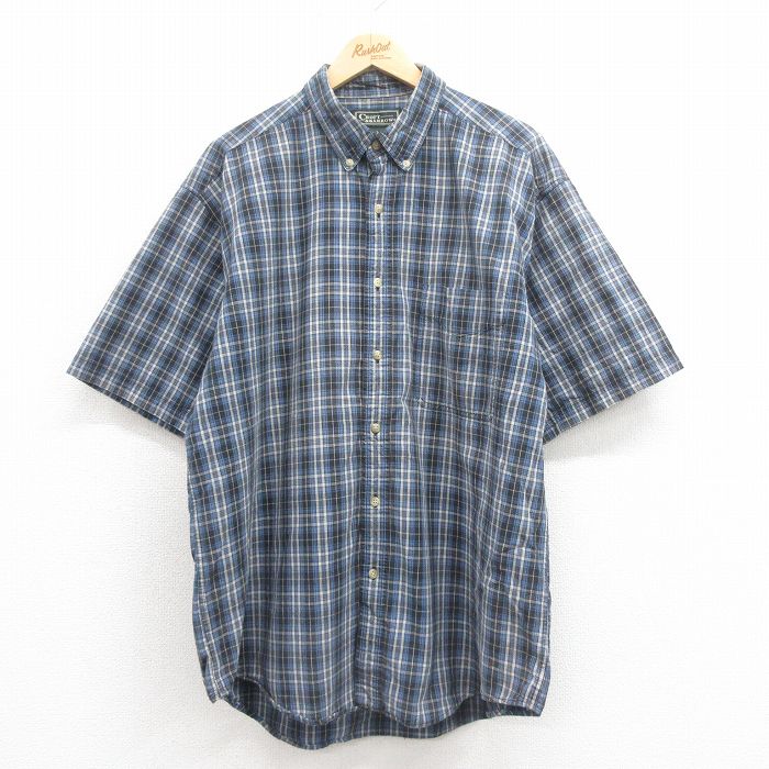 XL★古着 半袖 シャツ メンズ 大きいサイズ ロング丈 コットン ボタンダウン 紺他 ネイビー チェック 25aug22 中古 トップス
