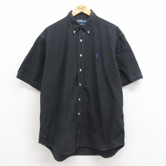 XL★古着 ラルフローレン Ralph Lauren 半袖 ブランド シャツ メンズ 90年代 90s ワンポイントロゴ BLAKE 大きいサイズ ロング丈 コットン ボタンダウン 黒 ブラック 【spe】 25aug22 中古 トップス