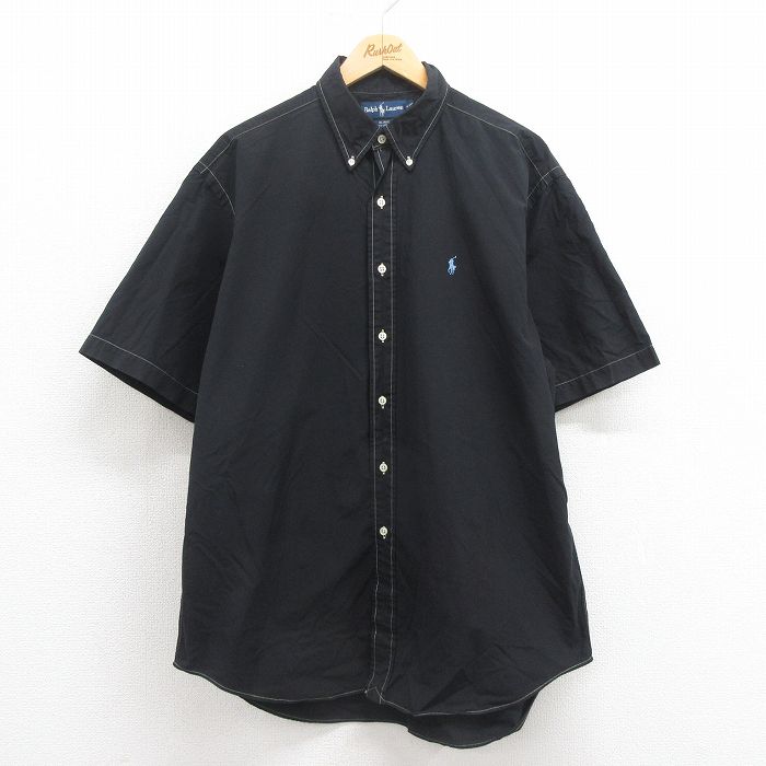 【50%OFF】XL★古着 ラルフローレン Ralph Lauren 半袖 ブランド シャツ メンズ 90年代 90s ワンポイントロゴ BLAKE 大きいサイズ ロング丈 コットン ボタンダウン 黒 ブラック 【spe】 25aug22 中古 トップス