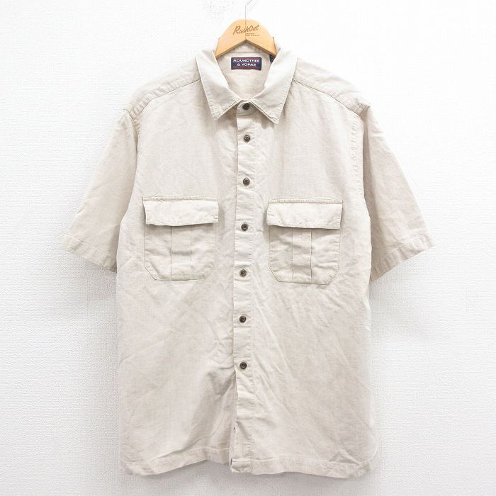 XL★古着 半袖 シャツ メンズ 00年代 00s 大きいサイズ リネン 薄ベージュ カーキ 25aug22 中古 トップス