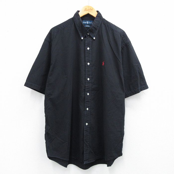 XL★古着 ラルフローレン Ralph Lauren 半袖 ブランド シャツ メンズ 90年代 90s ワンポイントロゴ BLAKE 大きいサイズ ロング丈 コットン ボタンダウン 黒 ブラック 25aug23 中古 トップス