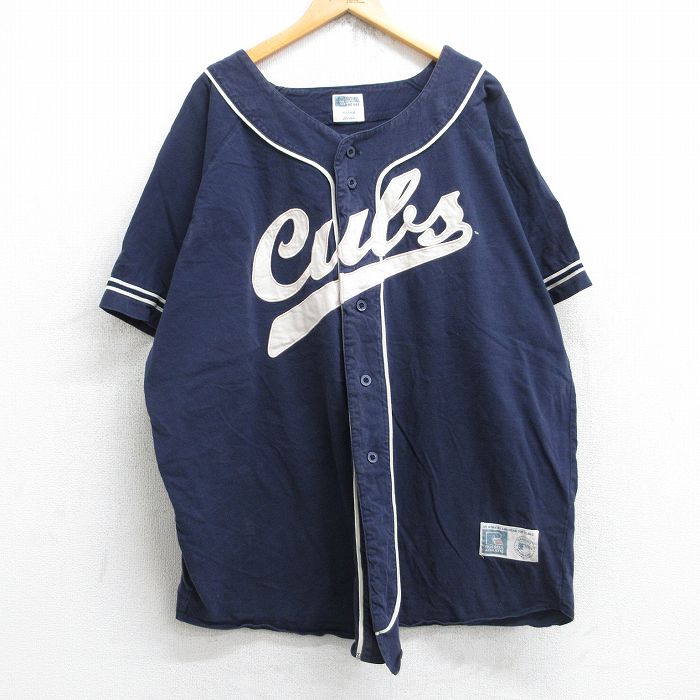 XL★古着 ラッセル 半袖 ベースボール シャツ メンズ MLB シカゴカブス ラグラン 大きいサイズ ロング丈 コットン 紺 ネイビー メジャーリーグ 野球 25aug29 中古 トップス
